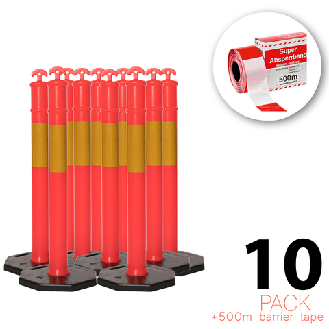 (Pack of 10) - Flexibarrier T-Top Bollard With Base + 500m Barrier Tape