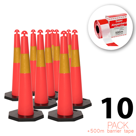 (Pack of 10) - Flexibarrier T-Top Traffic Cone With Base + 500m Barrier Tape