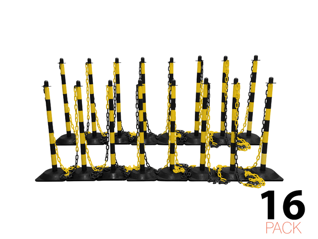 Post & Chain Barrier Kit -Basic-, 16 Posts incl. 25m Plastic Chain (Black/Yellow)