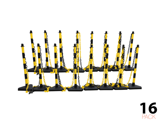 Post & Chain Barrier Kit -Economy-, 16 Posts incl. 25m Plastic Chain (Black/Yellow)