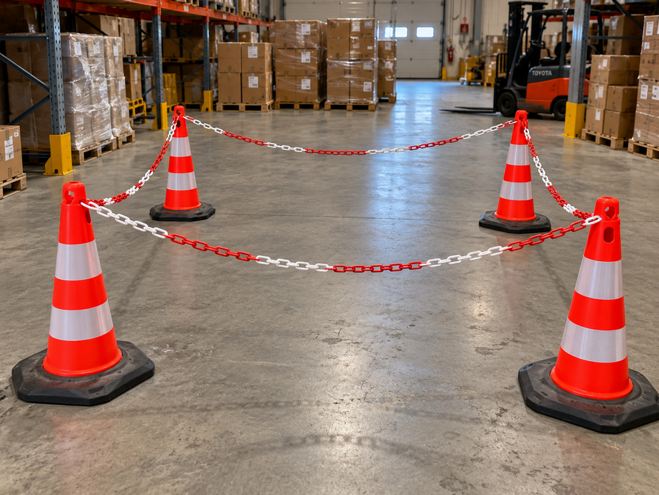 Cone Barrier Set - 4 cones with 10m Red/White Chain