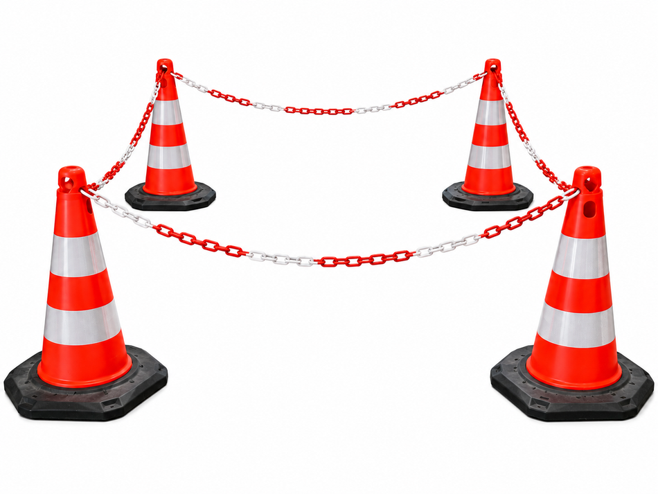 Cone Barrier Set - 4 cones with 10m Red/White Chain