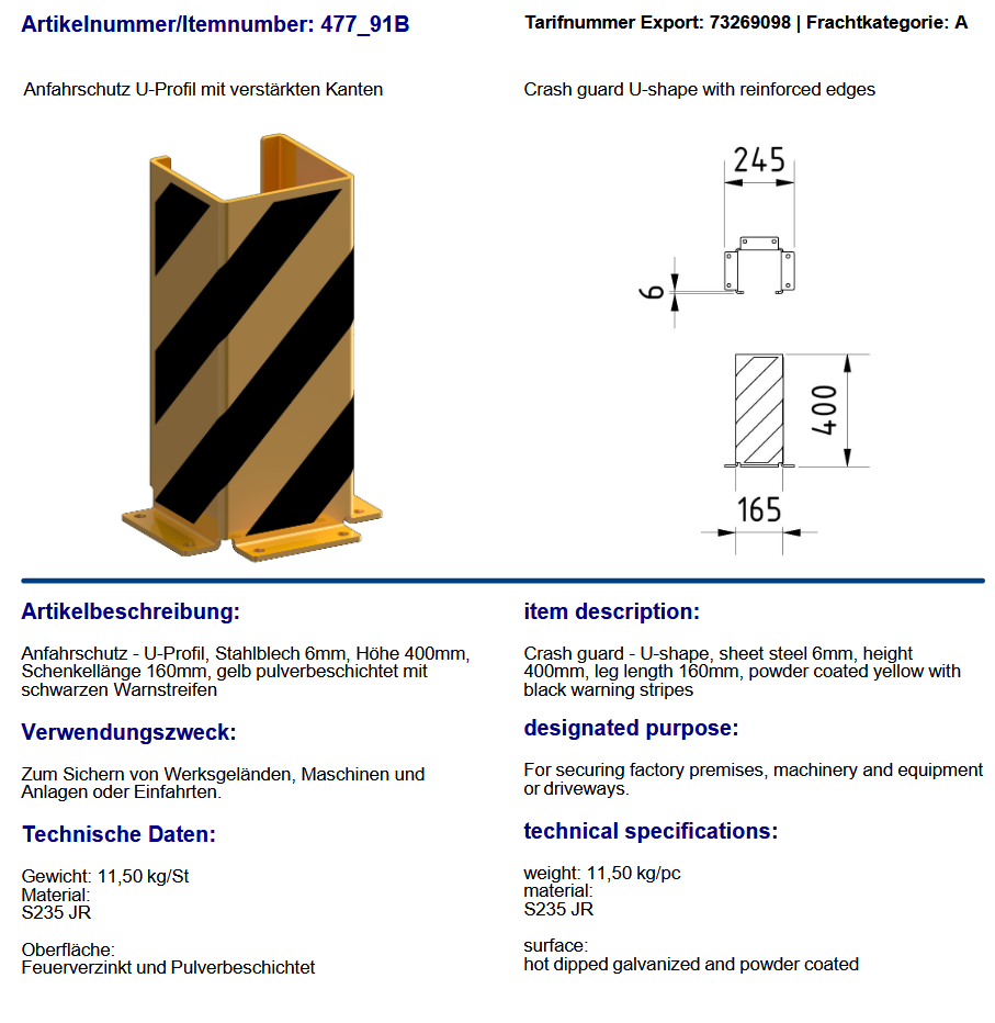 Pallet Racking Protector -Crash Guard- U-Shape with Reinforced Edges