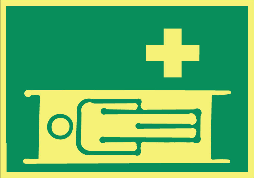 Hinweisschild. Trage und Erste Hilfe