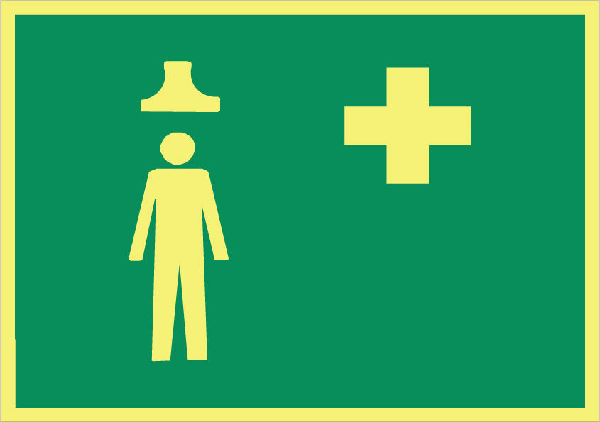 Anweisungszeichen. Notdusche und Erste Hilfe