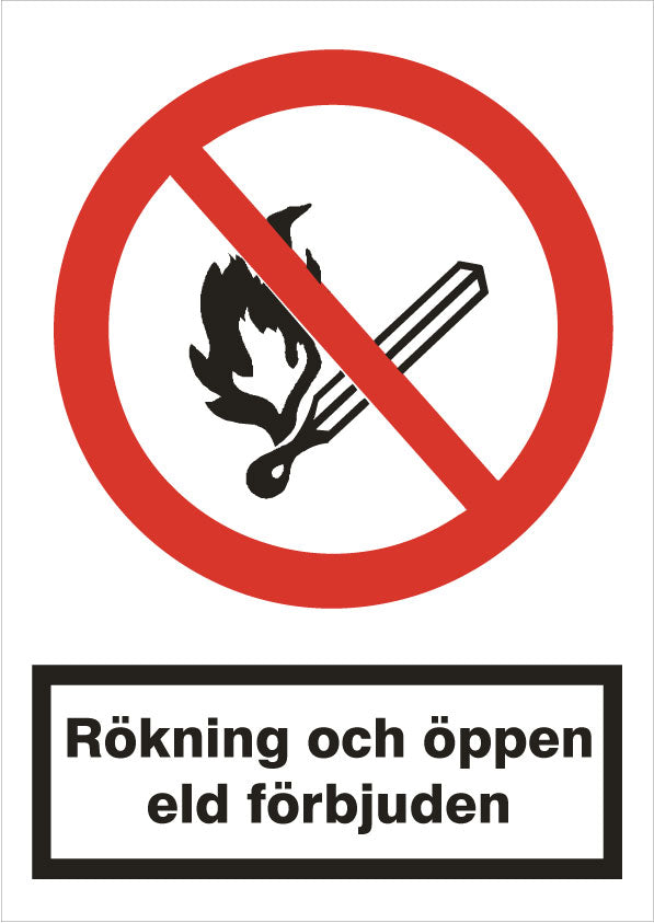 Förbudsskylt. Rökning och öppen eld förbjuden