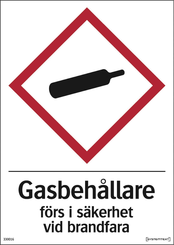 Varningsskylt. Gasflaskor förs i säkerhet vid brand