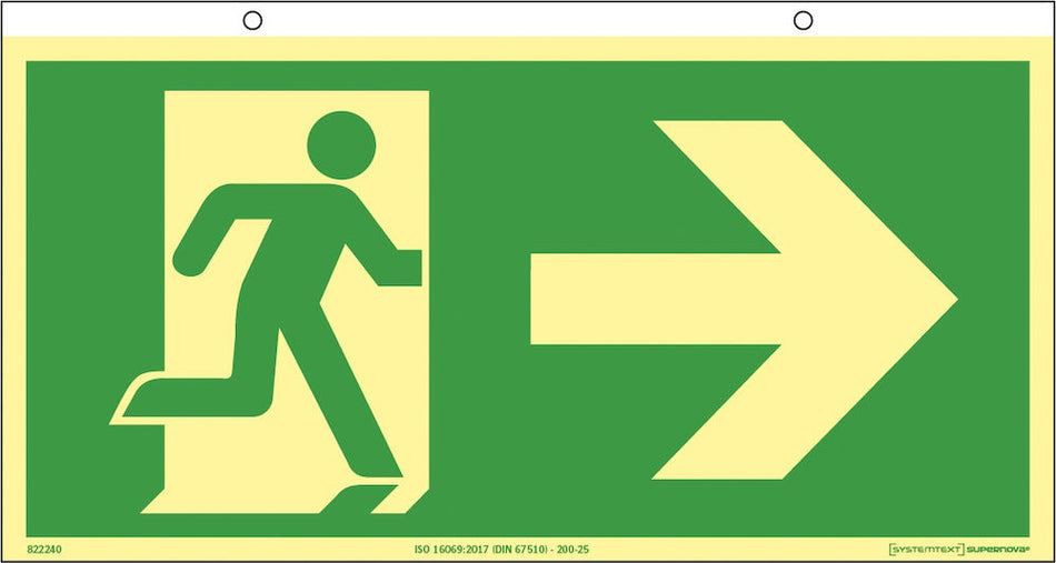 Supernova® Anvisningsskylt - Utrymningsväg till höger (dubbelsidig, takmontering)