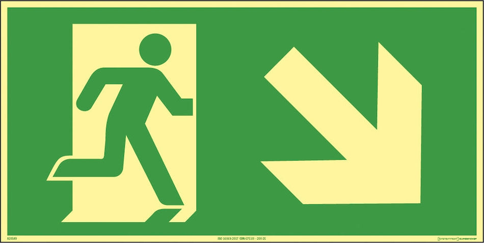 Supernova® Anvisningsskylt - Utrymningsväg ner till höger (flera storlekar)