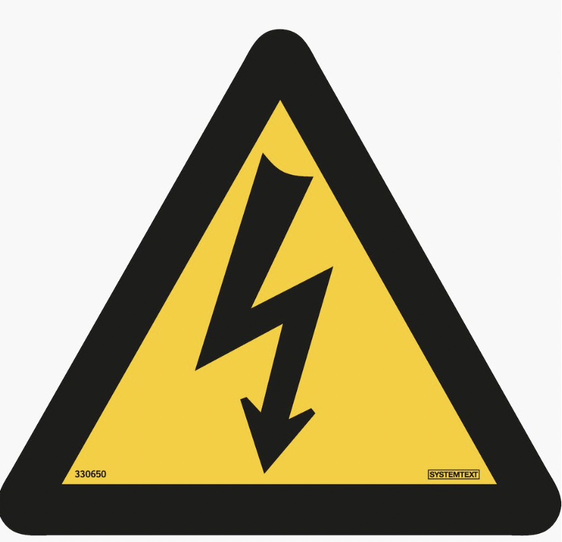 Varningsskylt. Elektrisk spänning, trekantig (självhäftande dekal)