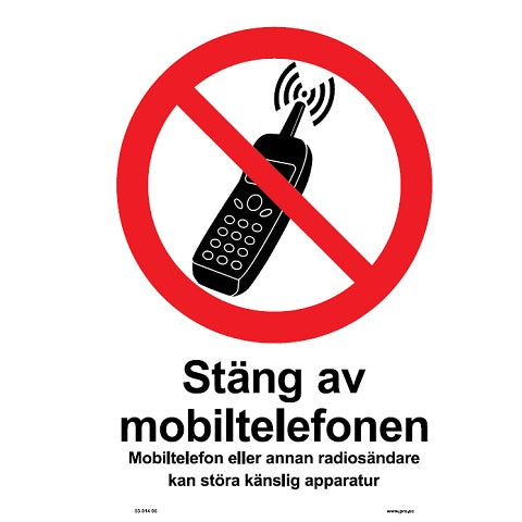 Förbudsskylt. Stäng av mobiltelefon